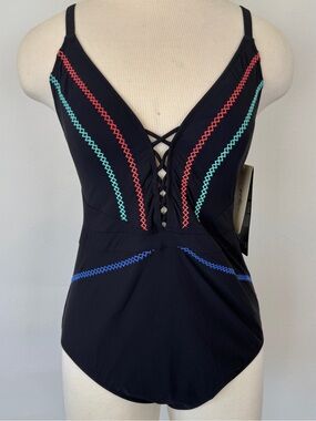 Gottex Profile Size 12 Black Plunge Lattice Stitch Detail One Piece Swimsuit NWT